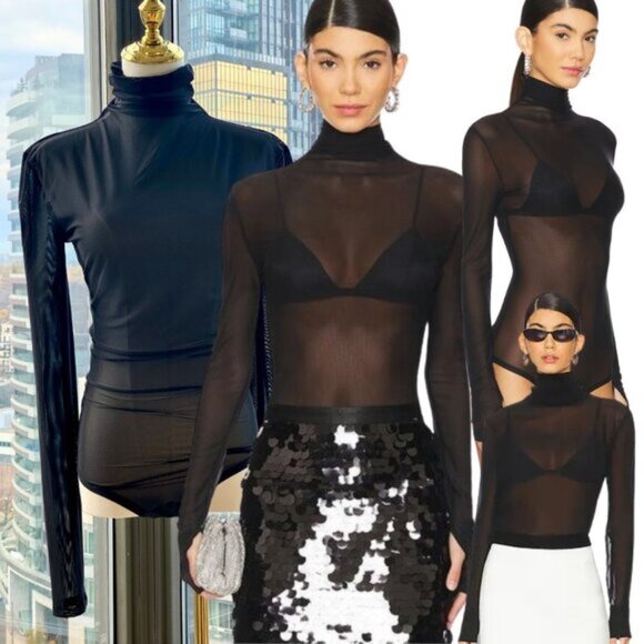🆕 BRONX & BANCO 🧿 NWOT Gaia Mesh Long Sleeve Bodysuit, Black - Sz L / US 8 - Picture 1 of 16